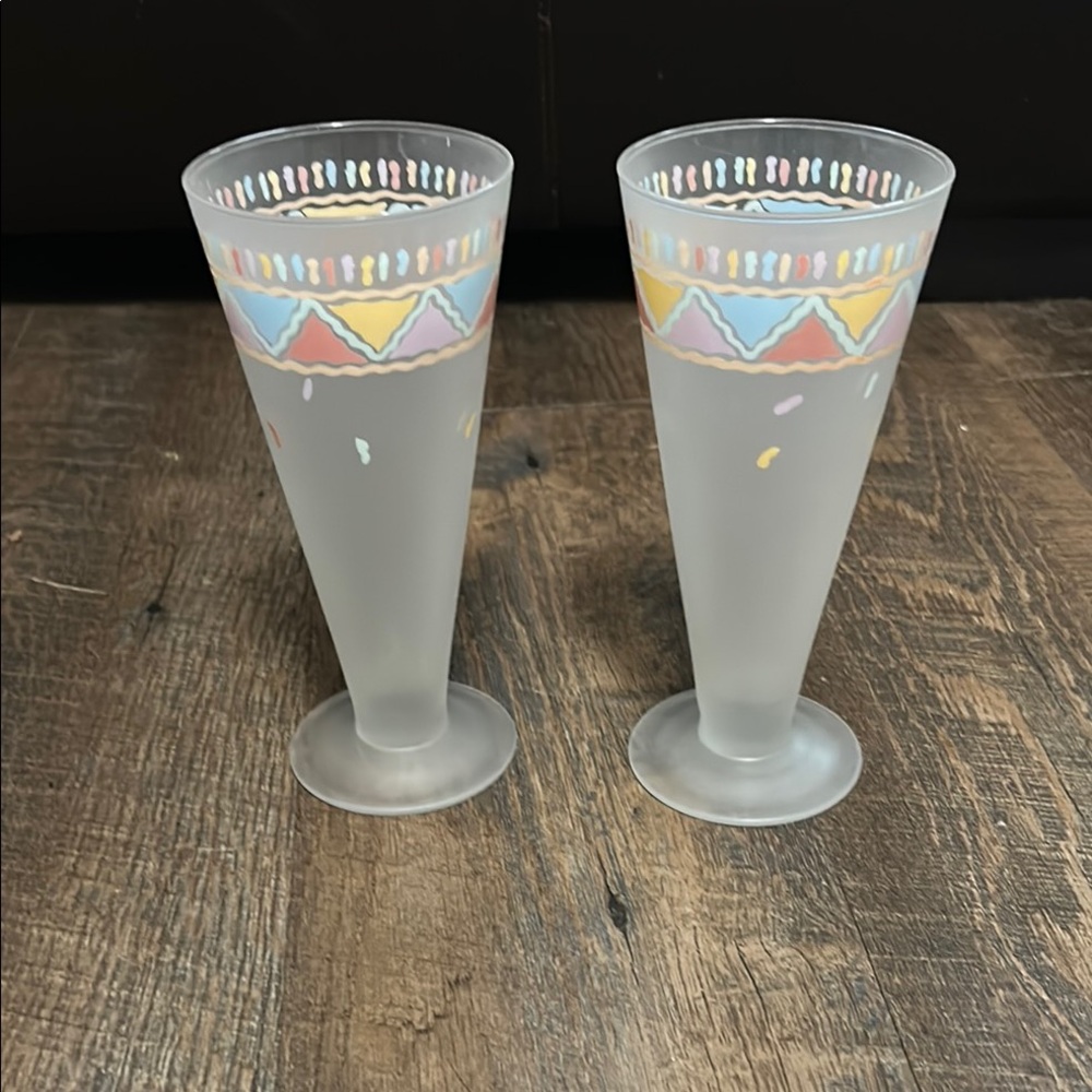 Vtg Pilsner Shape‎ Parfait Satin Glass Confetti Pastel Band France Set of 2